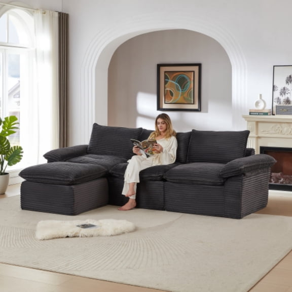 111" Premium Corduroy Modular Sectional Sofa, Modern Boneless Sectional Sofa with High-Density Sponge, Deep Seat Chaise Lounge with Cloud-Like Design for Living Spaces & Offices​, Dark Gray