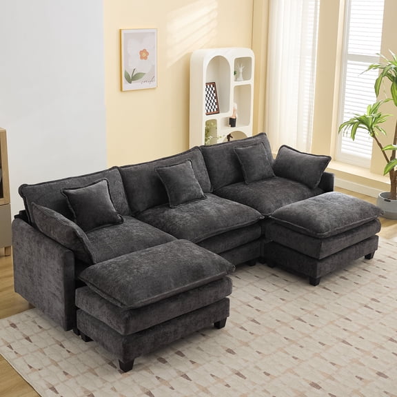 111'' Sectional Cloud Couch, Oversized Chenille U Shaped Sectional Sofa for Living Room, Comfy Upholstered Modular 5-Seat Sectional Sofa with Movable Ottoman, Dark Grey