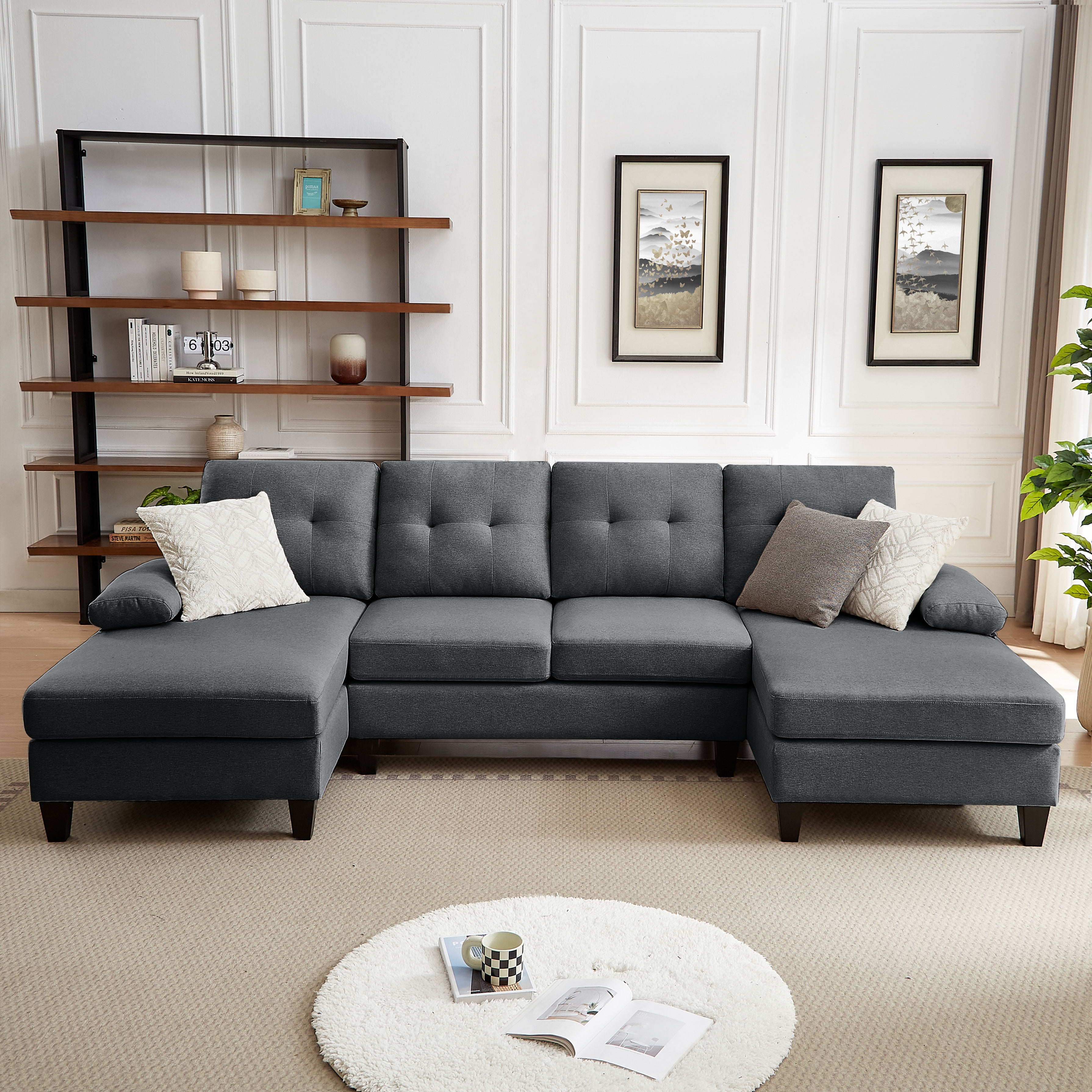 Jarenie Polyester 4 Seater U Shaped Sectional Sofa Dark Grey
