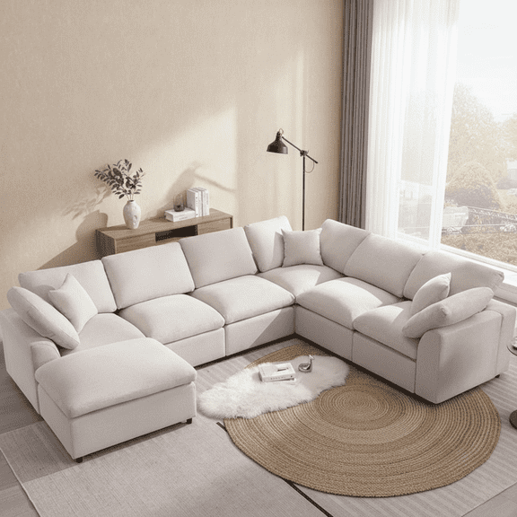 Modern Modular Sectional Sofa with Ottoman - Oversized 7-Seater L-Shaped Cloud Couch for Living Room, Apartment, and Family Lounge, Beige