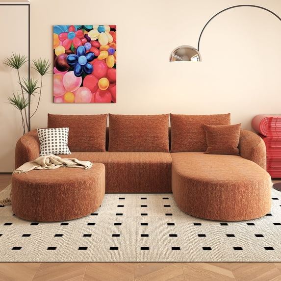 111" U Shaped Modern Modular Sectional Curved Sofa with Ottoman, Minimalist Style Comfy Cloud Couch for Living Room Apartment, No Assembly Required Boneless Couches (Orange,Right Facing Chaise)