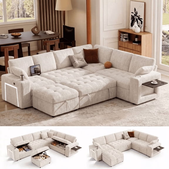 111" U Shaped Modular Sectional Sleeper Sofa with Pull Out Bed,7 Seat Beige Chenille Couch with 2 Pull-Out Beds,USB Ports,Tool Free Assembly