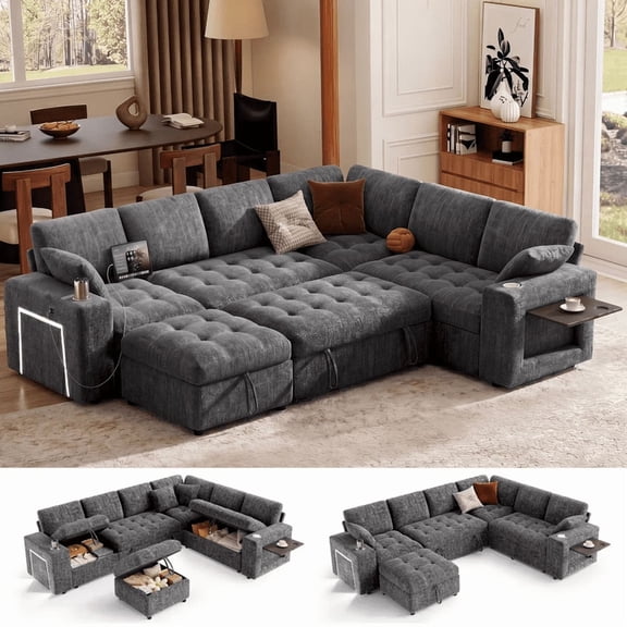111" U Shaped Modular Sectional Sleeper Sofa with Pull Out Bed,7 Seat Gray Chenille Couch with 2 Pull-Out Beds,USB Ports,Tool Free Assembly