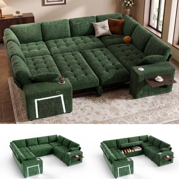 111" U Shaped Modular Sectional Sleeper Sofa with Pull Out Bed,8 Seat Green Chenille Couch with 2 Pull-Out Beds,USB Ports,Tool Free Assembly
