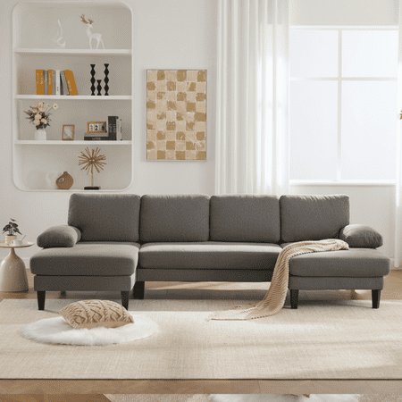 111" U-Shaped Sectional Sofa Couch with Double Chaise - 4-Seat Modular Living Room Furniture, Linen Upholstered Convertible Design for Apartments/Reception Rooms,Gray