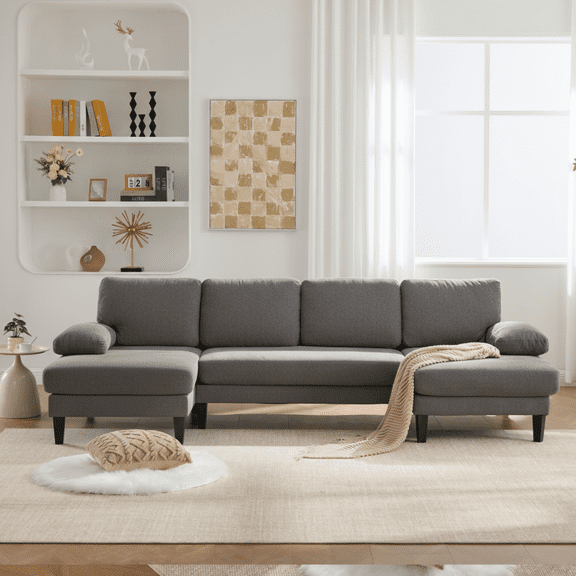 111" U-Shaped Sectional Sofa Couch with Double Chaise - 4-Seat Modular Living Room Furniture, Linen Upholstered  Convertible Design for Apartments/Reception Rooms，Gray