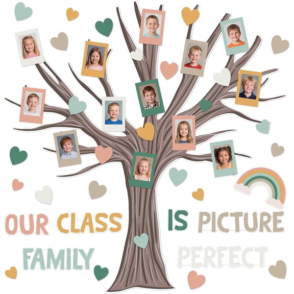 111 count Classroom Tree Bulletin Board Decorations Set Hearts Tree Rainbow Photo Frame Cards Our Class Family Is Picture Bulletin Board Set for Chalkboard School Decor (Modern Boho Color)