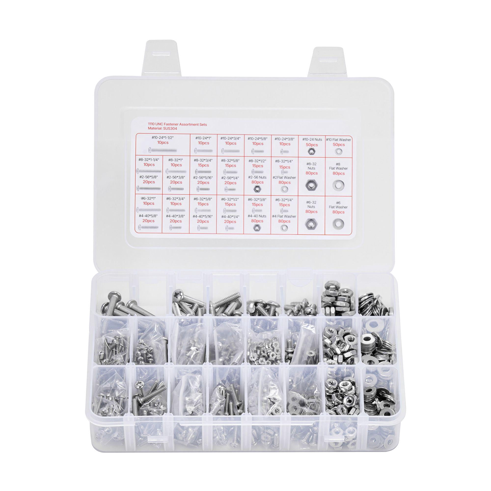 1110 Pcs Bolts Nuts Assortment Kit Imperial Machine Screws Flat Washers Stainless Steel 10 24 8 32 2 56 6 32 4 40 for Furniture Equipment Vehicle Assembly Silver