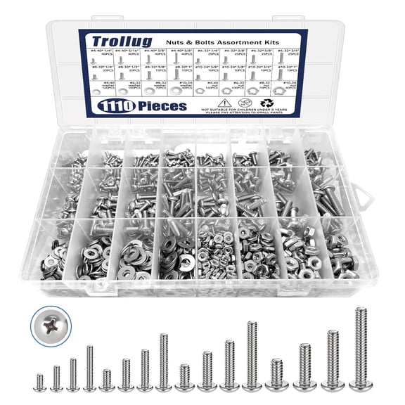 1110PCS Nuts and Bolts Assortment Kit, Stainless Steel Hardware Assortment Kit with Assorted Screws, Nuts, Bolts and Washers#4-40#6-32#8-32#10-24