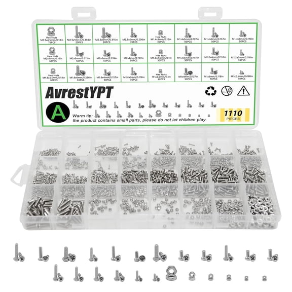 1110Pcs 304 Stainless Steel Metric Micro Screws Nuts Assortment, M1 M1.2 M1.4 M1.6 M2 M2.5 Sizes, Phillips Pan Head, Fully Threaded Kit for Arduino, RC Models, Electronics, DIY Projects