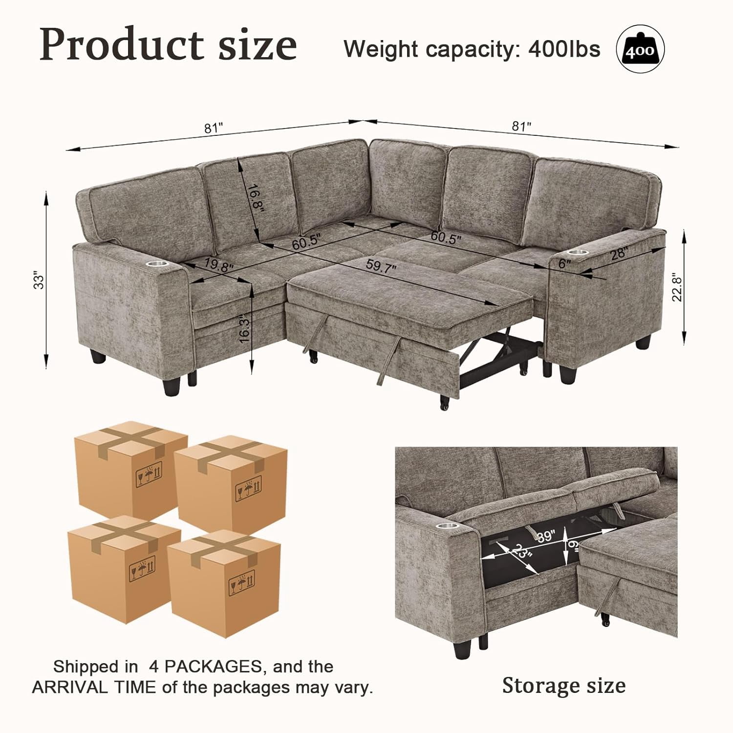 Howcool Modular Sectional Sleeper Sofa with Pull-Out Bed, 81" L-Shaped 5-Seat Convertible Cloud Couch, Corduroy with Storage Chaise, USB Charging & Cup Holders, for Living Room