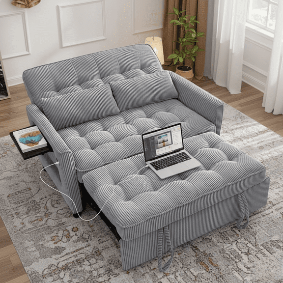 Howcool 52" Convertible Sleeper Sofa Bed, Pull Out Corduroy Loveseat Couch with USB Ports, Small Table, Adjustable Backrest, Storage Pockets, Space-Saving Sofa for Living Room, Light Gray