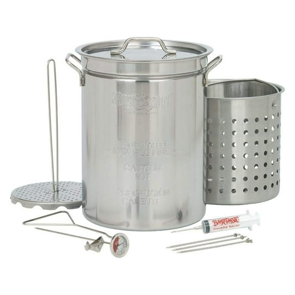 1118 32-qt Stainless Turkey Fryer Features Vented Lid Perforated Poultry Rack 12-in Stainless Fry Thermometer 2-oz Seasoning Injector
