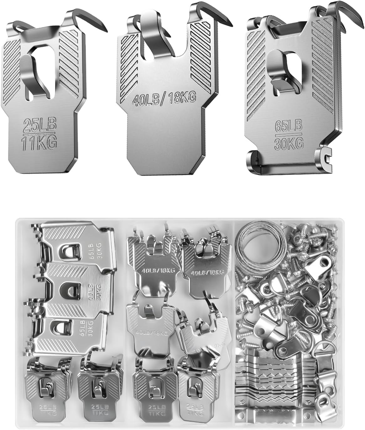 111Pcs Picture Hanging Kit Hooks: 25 40 65 LB Drywall Hangers Claw Hardware - Tool Nail Free No Damage Heavy Duty Wall Hanger for Room Office Mirror Photo Poster Frame Decor
