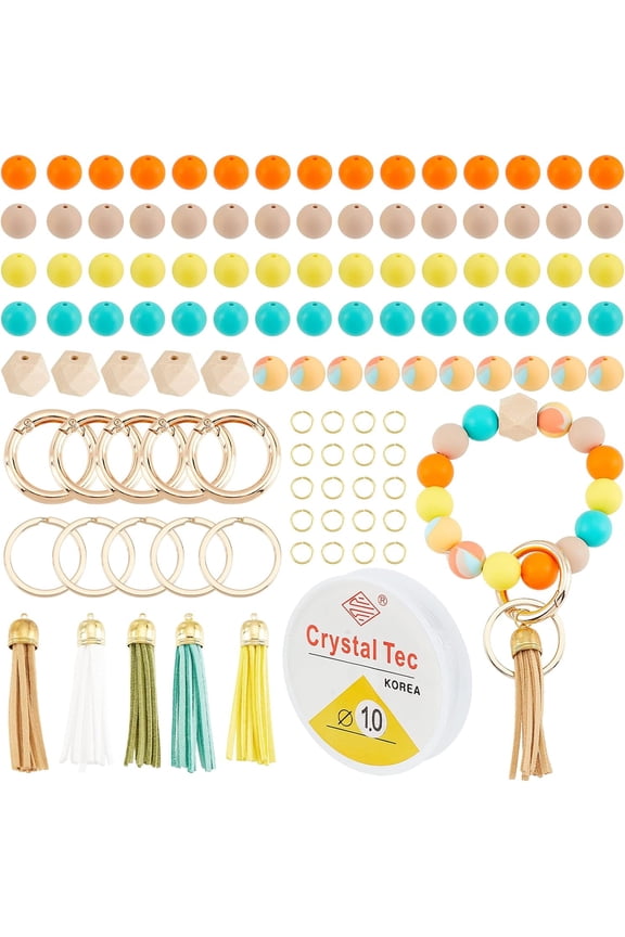 111Pcs Silicone Beads Making kit Beaded Keychain Making Kit with Round Silicone Beads Brass Suede Tassels Split Key Ring Spring Gate Rings Elastic Thread for Keychain Bracelet Bangle DIY