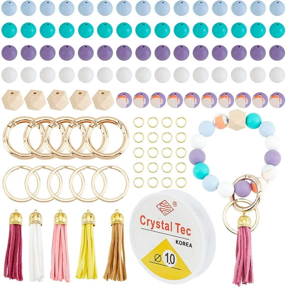 111Pcs Silicone Beads Making kit with Candy-Color Round Silicone Beads Brass Suede Tassels Wood Beads Split Key Ring Spring Gate Rings Elastic Thread for DIY Keychain Bracelet Bangle diy