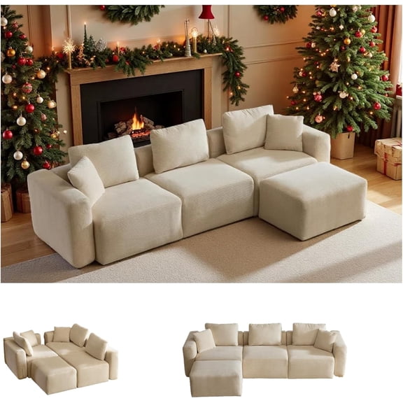 112.2 Convertible Corduroy Cloud Sectional Couches with Movable Ottoman, L-Shaped Boneless Couches for Living Room with Deep Seat, 3 Seater Modular Spineless Sofa, No Assembly Required, Cream