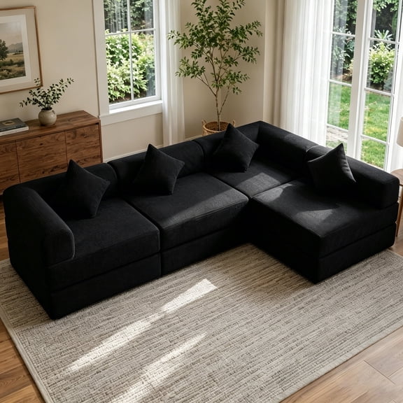 112.2" Modular Sectional Sofa, 4-Seater All-Foam Boneless Cloud Couch, Corduroy Foldable Convertible Sofa Bed,Black