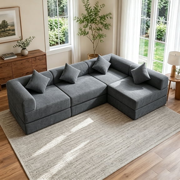 112.2" Boneless Sectional Sofa, 4-Seater All-Foam Boneless Cloud Couch, Corduroy Foldable Convertible Sofa Bed,Grey