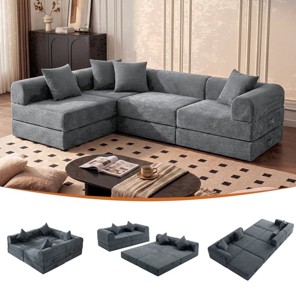 ELEKA 112.2" Modular Sectional Sofa Bed,Corduroy Boneless Couch, Convertible Folding Sofa for Living Room,No Assembly Required,Gray