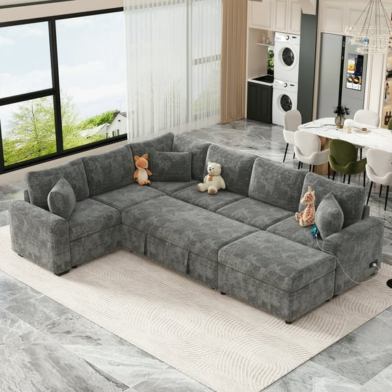 Quick-Convert 112.2" Sofa Bed with Storage Ottoman & USB Charging Ports, Chenille Sectional with 3 Pillows for Small Apartments, Grey