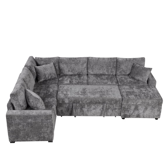 Bybafun L-Shaped Chenille Storage and Sleeper Sectional Sofa with Storage Ottoman and Three Pillows, Gray