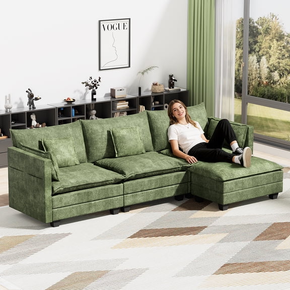 112.5" L-Shape Modular Sofa with 1 Ottomans, Deep Seat Cloud Convertible Sleeper, 3 Throw 2 Arm Pillows, Green