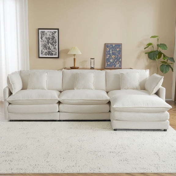 112.6" Modern Sofa Modular Sofa Couch Upholstered Corduroy L-Shape Sectional Sofa with Side Storage Pockets for Living Room