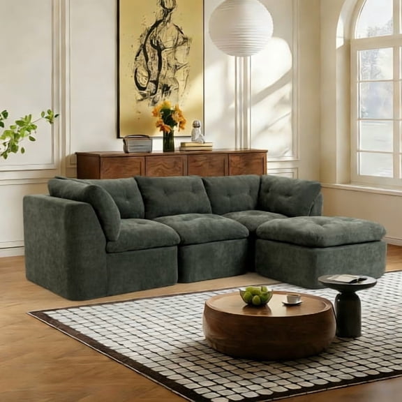 112" Cloud Style Chenille Fabric Oversized Sofa Couch, Sofas For Living Room with No Assembly, Oversized Modular Sofa with Multi Configurations for Apartment Indoor Space, Blackish Green