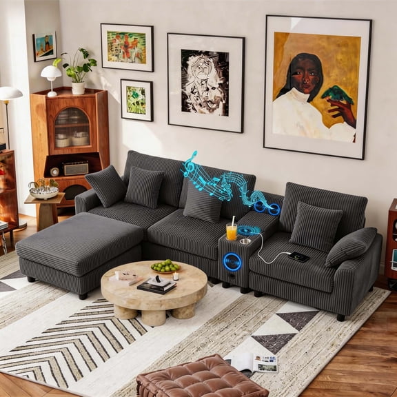 112" FIRSCOOK Corduroy Modular Sectional Sofa with Bluetooth Speakers & Storage, Deep Seat L Shaped Couches with Throw Pillows, Sectional Couches for living room,Gray