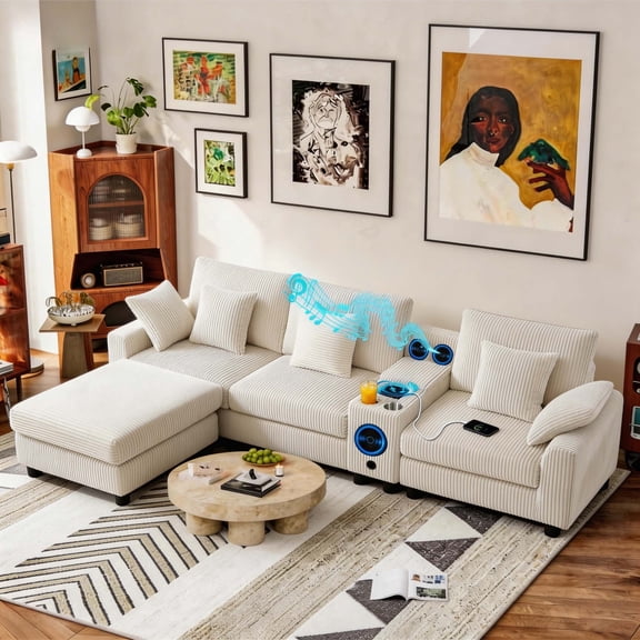 112" FIRSCOOKCorduroy Modular Sectional Sofa with Bluetooth Speakers & Storage, Deep Seat L Shaped Couches with Throw Pillows, Sectional Couches for living room,Beige