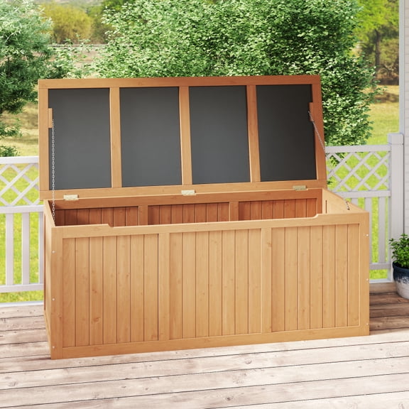112 Gallon Outdoor Wooden Deck Box Solid Wood Storage Box Seat & Table Top for Patio Furniture Cushions, Pool Toys & Garden Tools
