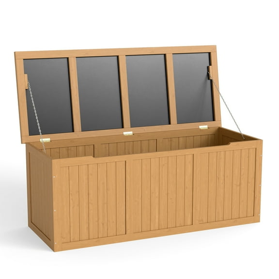 112 Gallon Outdoor Wooden Deck Box Solid Wood Storage Box Seat & Table Top for Patio Furniture Cushions, Pool Toys & Garden Tools