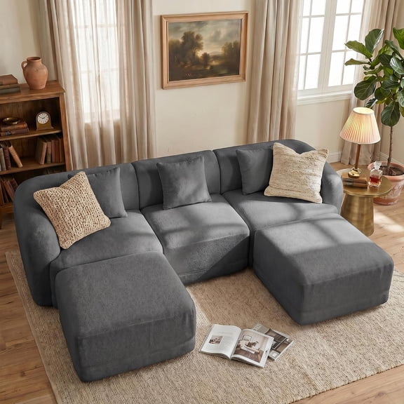 112" Grey Cloud U-Shape Sectional Sofa, Convertible Boneless Modular Couch with 2 Movable Ottomans, 3-Seater Deep Comfort Sleeper Sofa Bed, Oversized Floor Couch for Living Room Bedroom Apartment