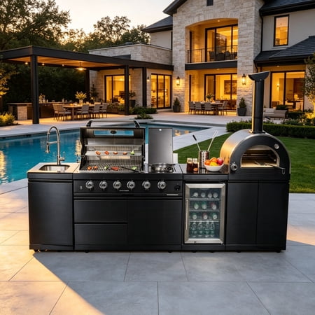 112-Inch 107000- BTU Double Stainless Steel Gas Outdoor Kitchen Bar Barbecue Island Grill