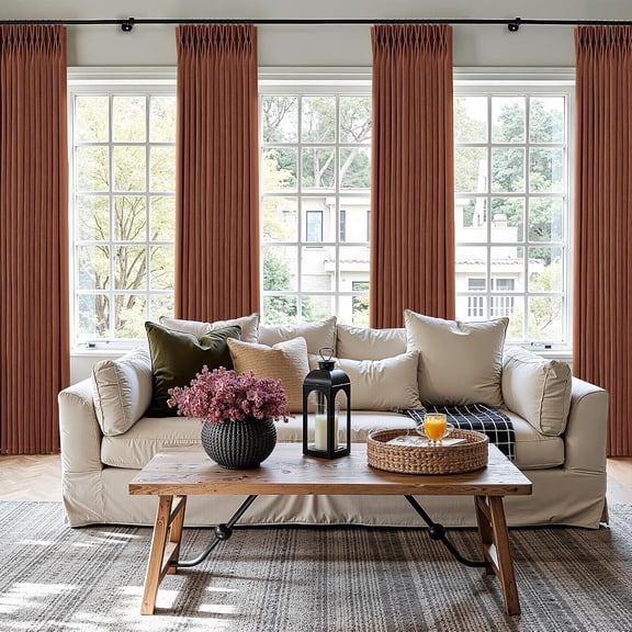 112 Inch Pinch Pleat Linen Semi Sheer Curtains 2 Panels Terracotta Light Filtering Privacy Burnt Orange Rust Drapes Floor to Ceiling Back Tab with Hooks Rings