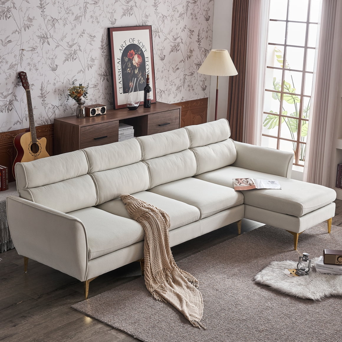 112 Inches Modern 4Seater Sectional Sofa, Flannel LShape Sofa with