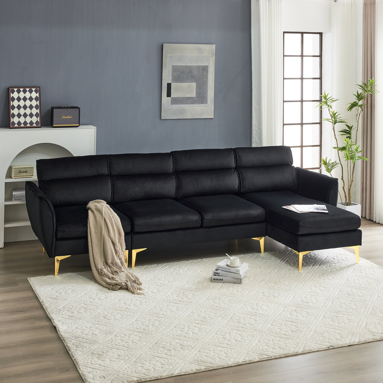 112 Inches Modern 4Seater Sectional Sofa, Plaid Fleece LShape Sofa