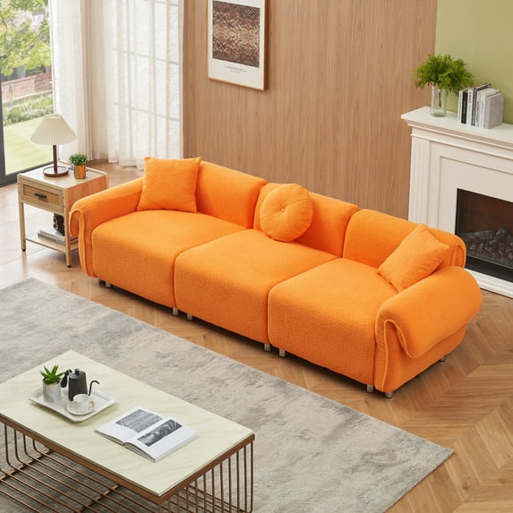 112"L 3 Seater Couch with 3 Pillows,Teddy Velvet Fabric Sofa Bed,Easy Maintenance,Sleeper Sofa for Living Room,Apartment,Bedroom,Orange