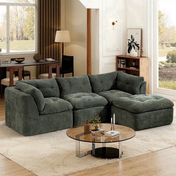 SMART ELF 112"L Shaped Sectional Sofa with Dual Spring Support, 4 Seater Blended Chenille Couch 35kg/m³ High Density Foam, Easy Assembly, Sage Green