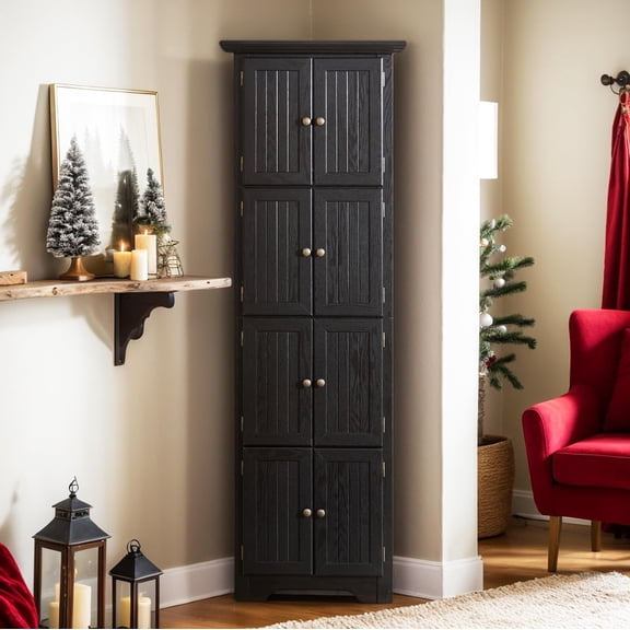 4 Tier Farmhouse Corner Storage Cabinet, 72" Tall Kitchen Pantry Cabinet Wooden Organizer Case Bookshelf with 8 Doors & 4 Shelves, Home Space Saver for Kitchen, Living Room