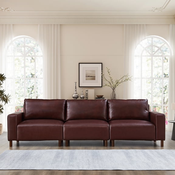 112" Luxury PU Leather Sofa for Living Room,Apartment,Upholstered Breathable Faux Leather PU Couch with Wood Legs, Burgundy