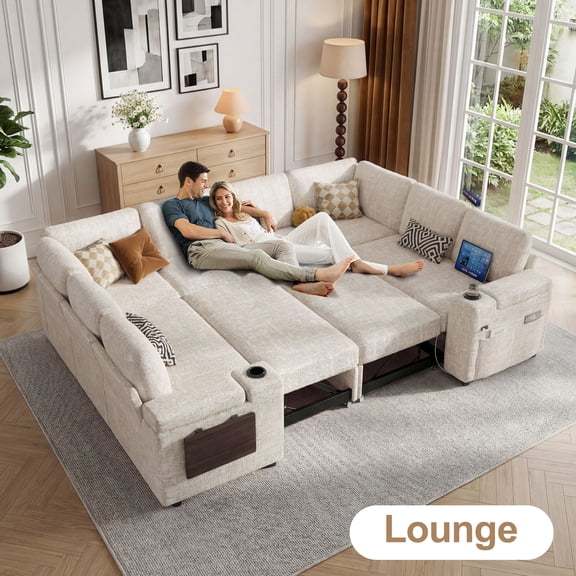 112" Modular Sectional Sleeper Sofa with Pull Out Bed, 8-Seat U-Shaped Chenille Couch, Storage Chaise, USB Charging Ports, Cup Holders & Side Table, Storage Armrests, Tool-Free Assembly, Beige