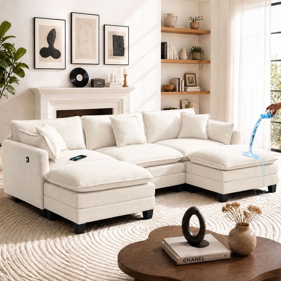112" Modular Sectional Sofa, 3-Seat U-Shaped Cloud Couch with Ottoman, Waterproof Chenille Fabric, USB, Beige