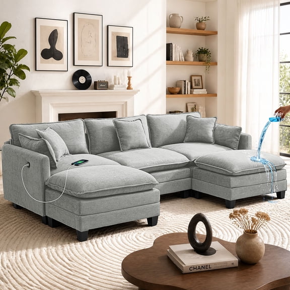 112" Modular Sectional Sofa, 3-Seat U-Shaped Cloud Couch with Ottoman, Waterproof Chenille Fabric, USB, Light Gray