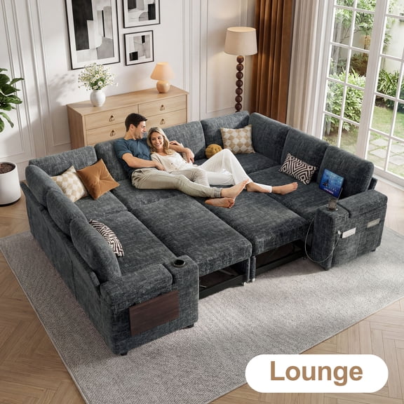 112" Modular Sectional Sofa, U Shaped 8-Seater Sleeper Sofa with Pull Out Bed &Hidden Storage, Cup Holders & USB.