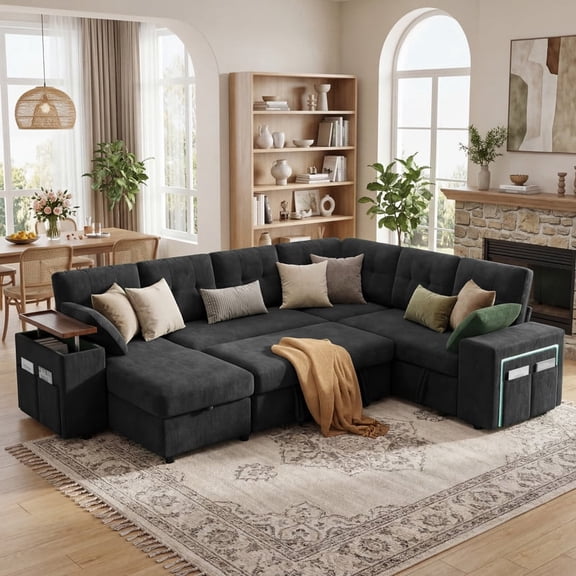 112" Modular Sofa Set, L-Shaped 7-Seater Sofa Bed / With Height-Adjustable Storage Chaise Armrests / USB/LED Light/Adjustable Backrest Modern Sofa Set, Chenille Sofa Bed.