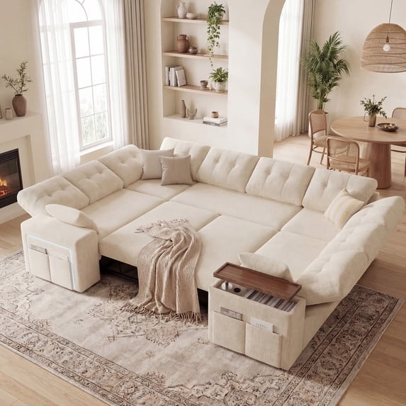 112" Modular Sofa Set, U-Shaped 8-Seater Sofa Bed / With Height-Adjustable Storage Chaise Armrests / USB/LED Light.