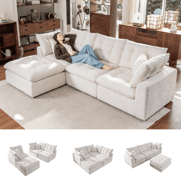 Sonegra 112" Oversized Modular Sectional L Shaped Sofa, Wide & Deep Seat Boneless Cloud Couch With Multi-Purpose Round Pillow, No Assembly (White)