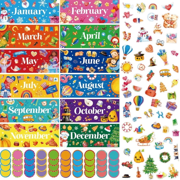 112 PCS Holiday Monthly Headliners, 12 Months of The Year Bulletin Board Decors in Different Themes, 40 Colorful Writable Round Cards, 60 Various Cutouts, Great Wall Decorations for School, Classroom